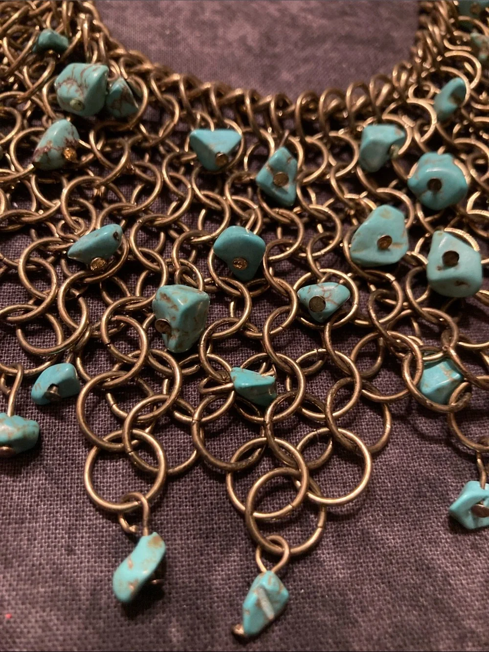 Turquoise Stone Fringe Bib Necklace - Gold Tone